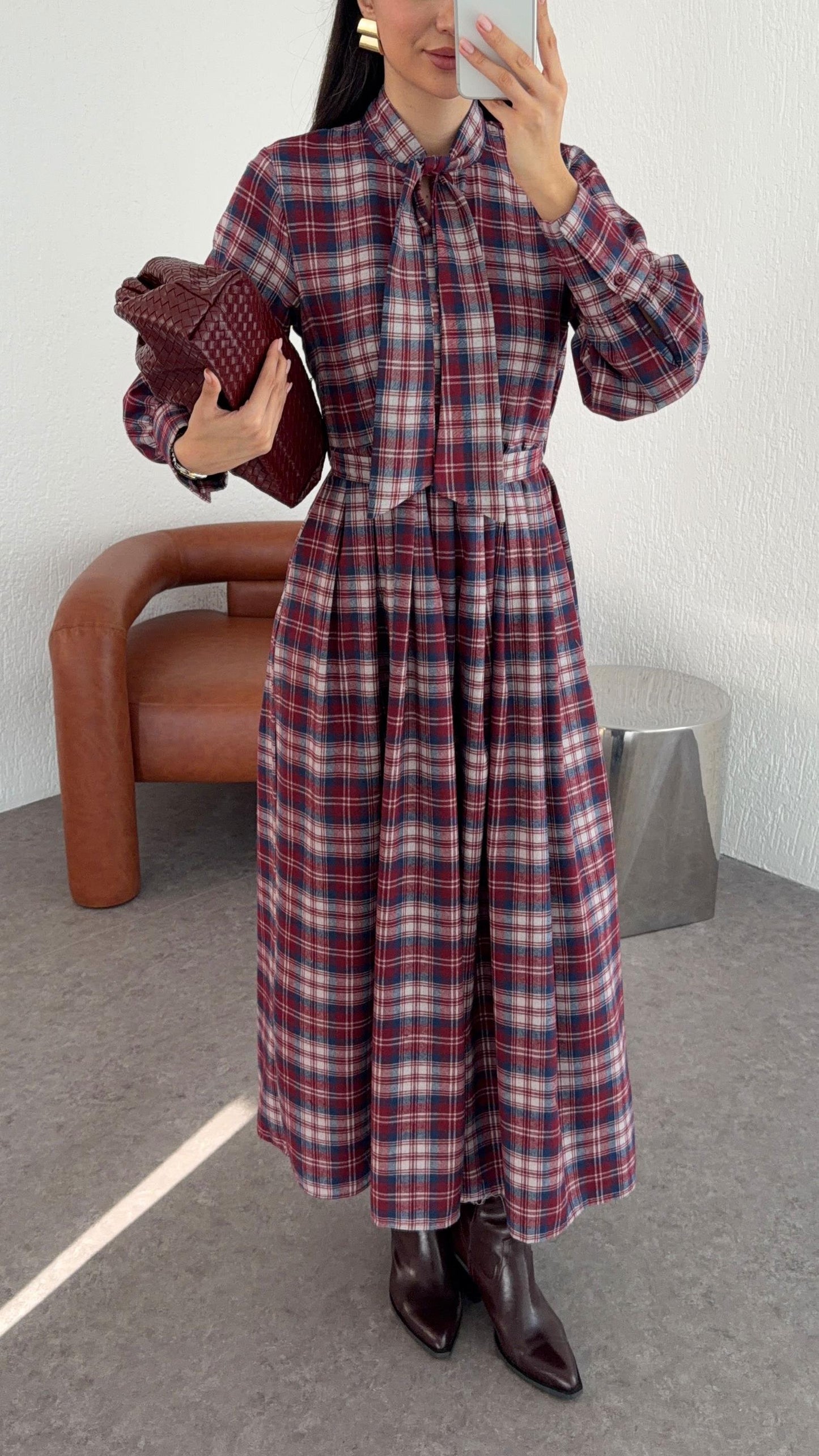 Bow-Collar Red Gingham Dress