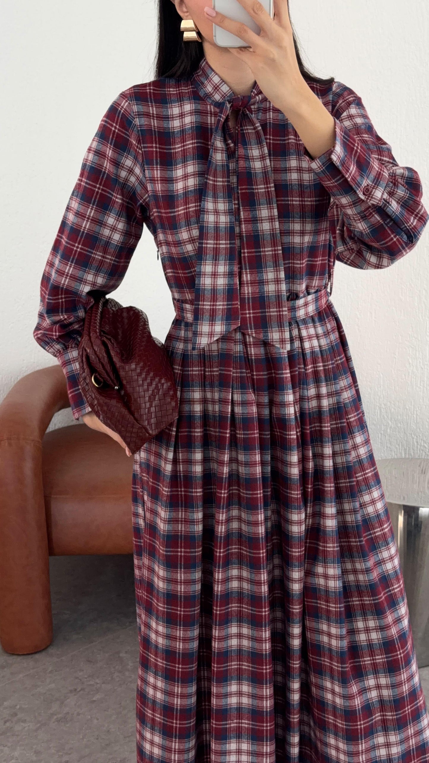 Bow-Collar Red Gingham Dress