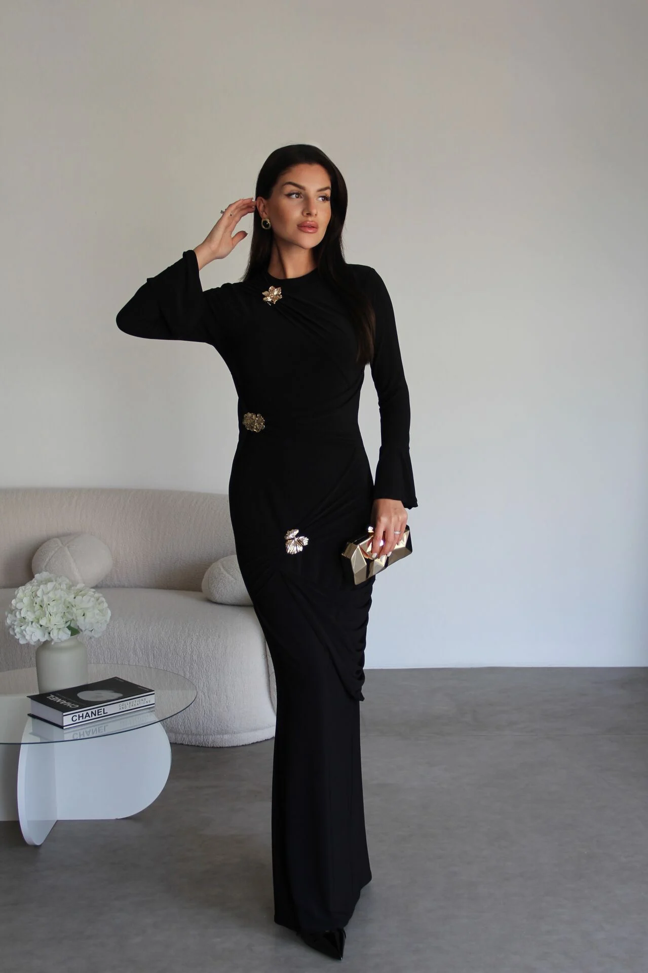 Premium Black Maxi Dress | Gold Brooch Detail & Gathered Waist Design