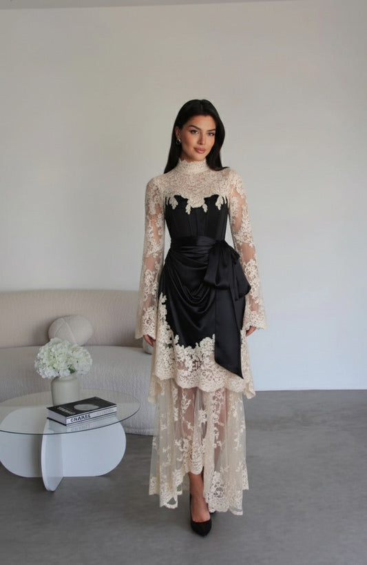 Silk & Lace Asymmetric Evening Gown - Black