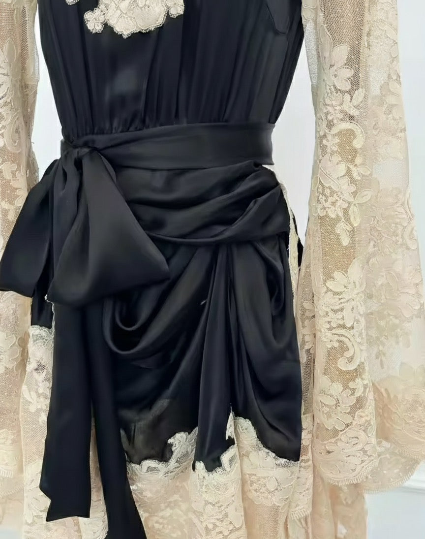 Silk & Lace Asymmetric Evening Gown - Black