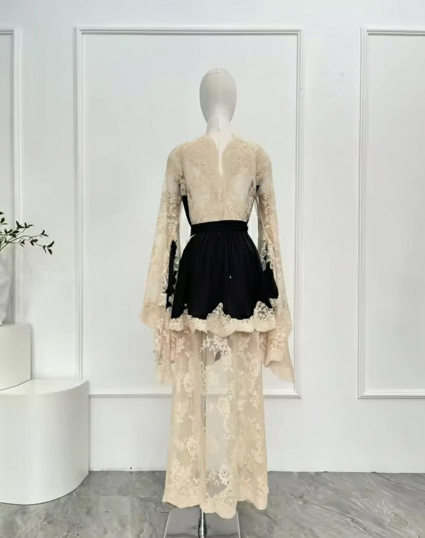 Silk & Lace Asymmetric Evening Gown - Black