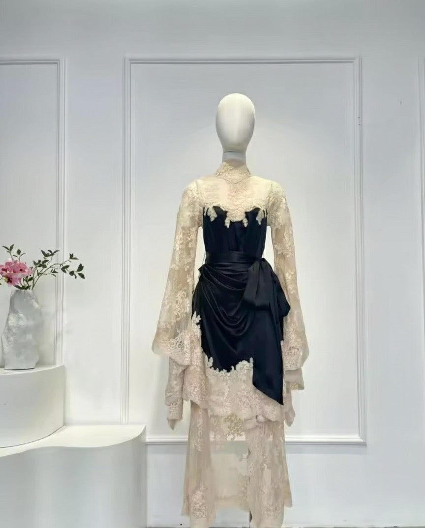 Silk & Lace Asymmetric Evening Gown - Black