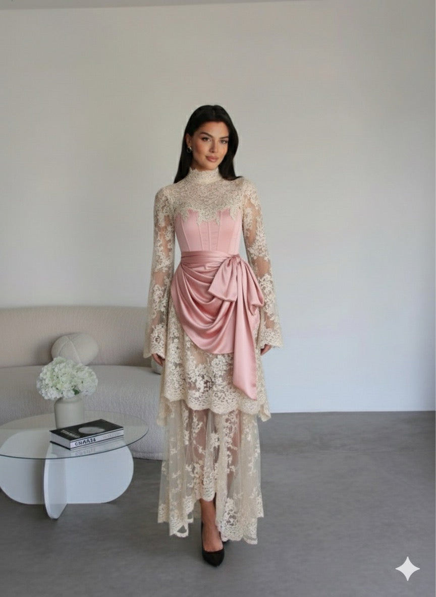 Silk & Lace Asymmetric Evening Gown - Pink