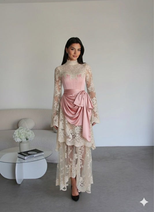 Silk & Lace Asymmetric Evening Gown - Pink