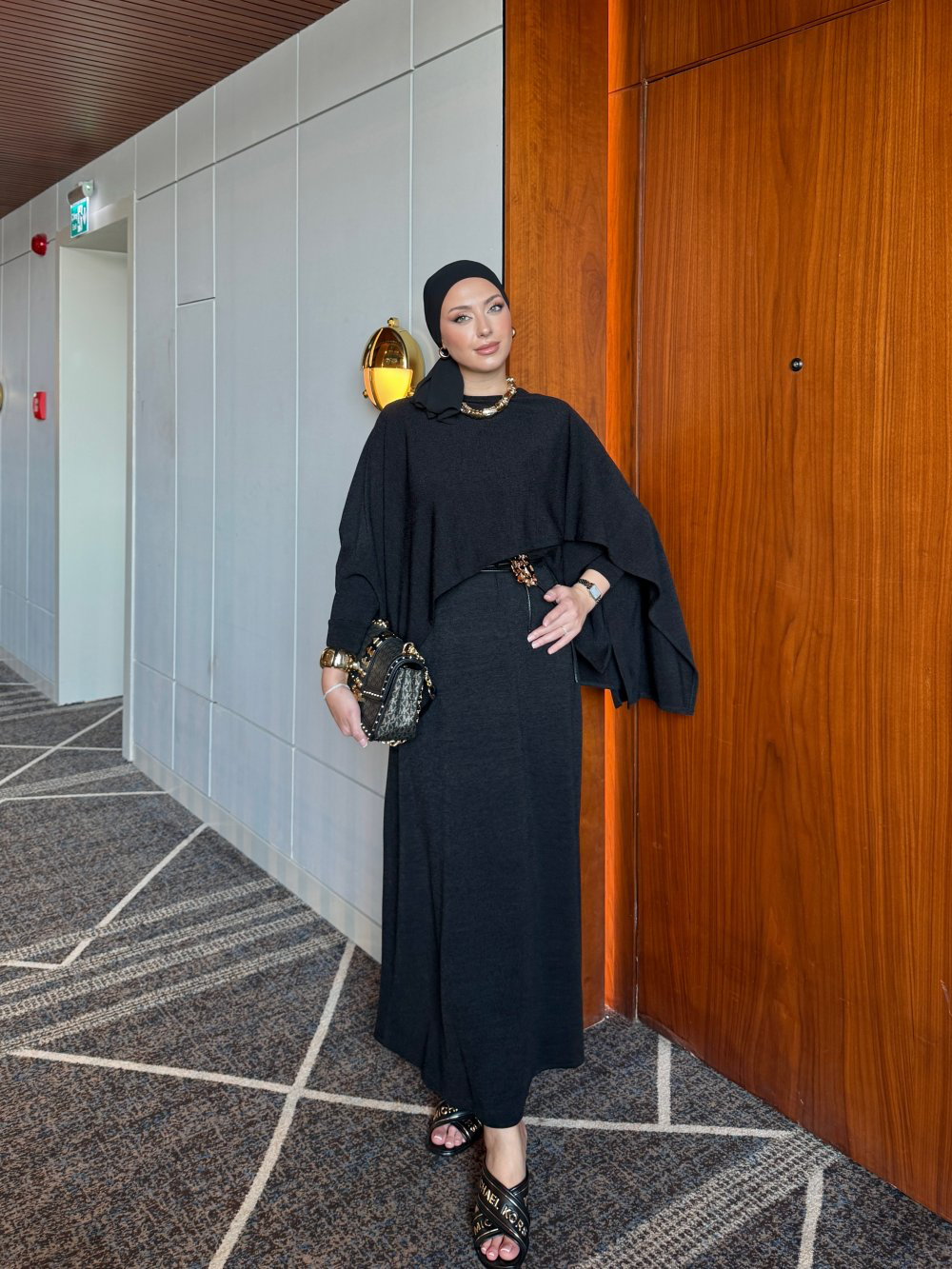 Elegant Black Belted Knit Dress