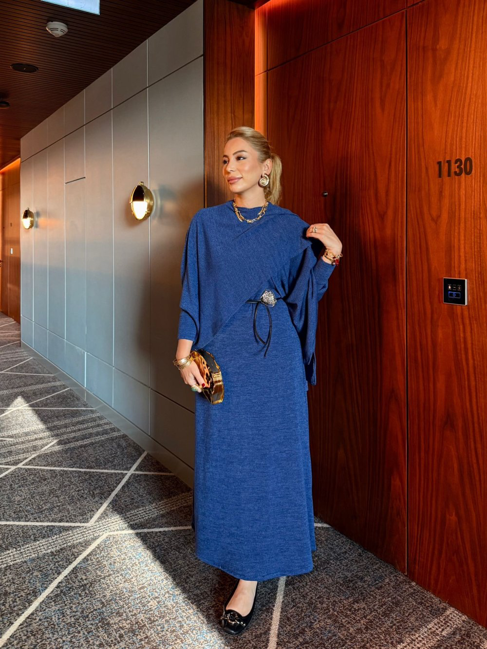 Elegant Royal Blue Belted Knit Dress