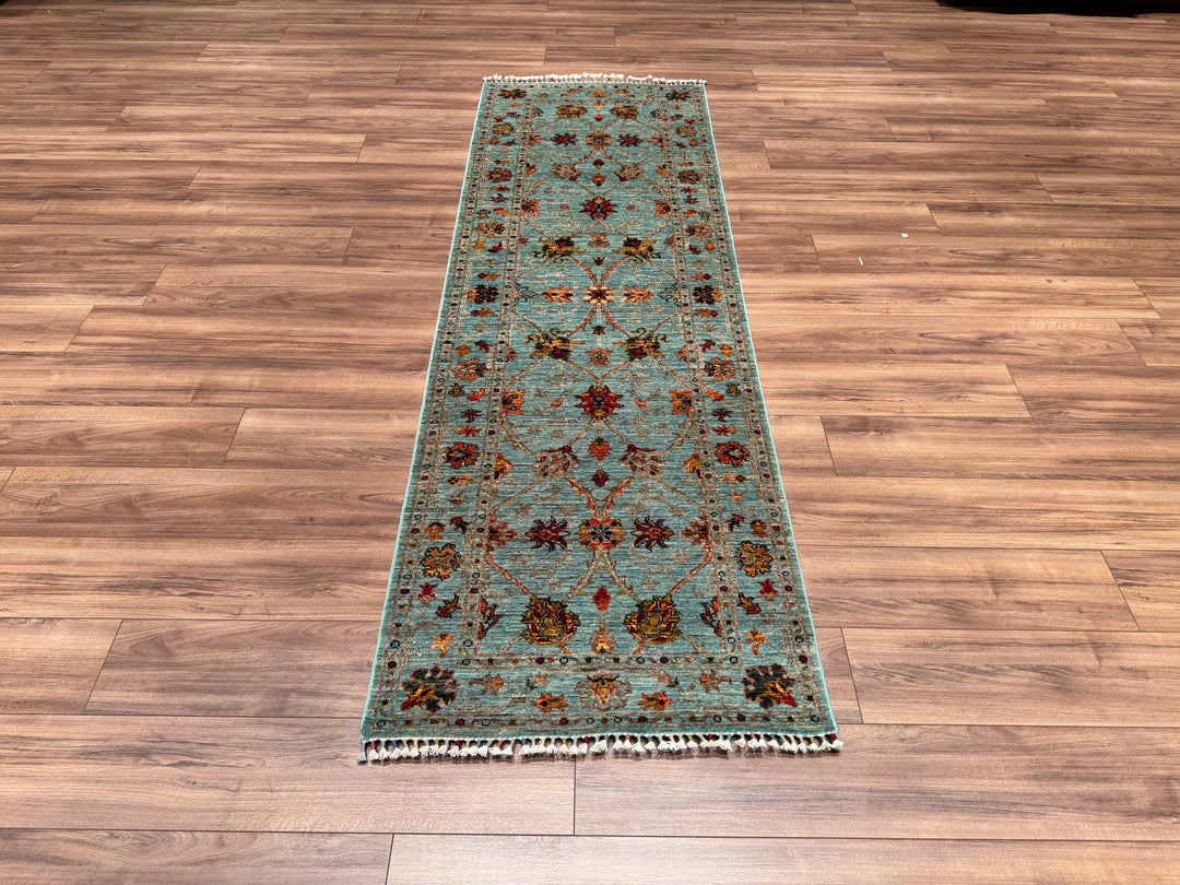 SULTANİ BİNBİRGECE YOLLUK ORJİNAL EL DOKUMASI TURKUAZ KÖK BOYA YÜN HALI 0.84X257 2.16 METREKARE - 2X8 FT