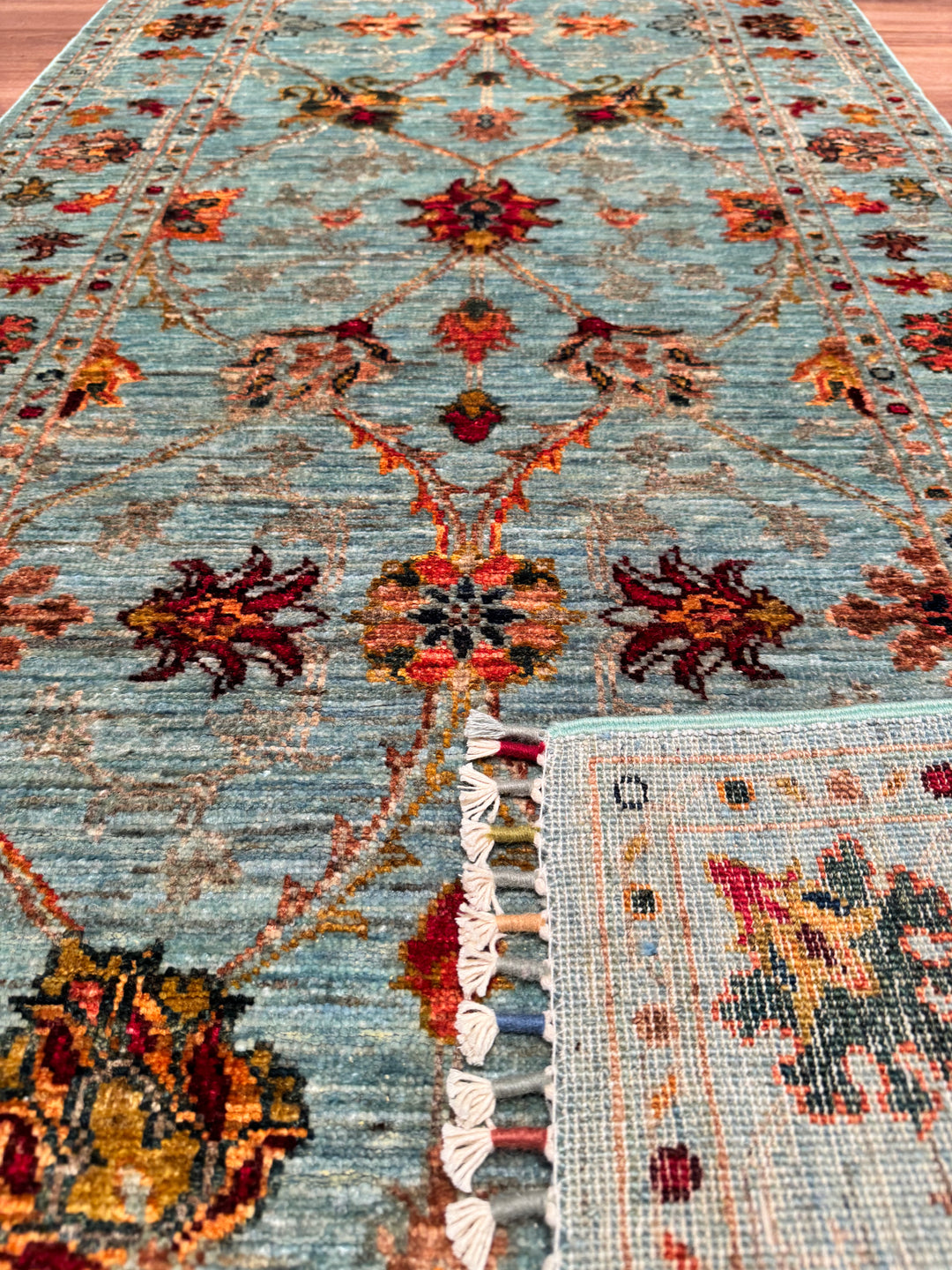 SULTANİ BİNBİRGECE YOLLUK ORJİNAL EL DOKUMASI TURKUAZ KÖK BOYA YÜN HALI 0.84X257 2.16 METREKARE - 2X8 FT