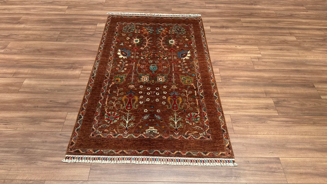 SULTANİ ÇİÇEKLİ ORJİNAL EL DOKUMASI KAHVERENGİ KÖK BOYA YÜN HALI 121X192 2.32 METREKARE - 4X6 FT