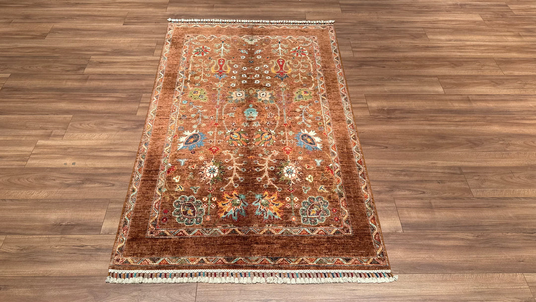 SULTANİ ÇİÇEKLİ ORJİNAL EL DOKUMASI KAHVERENGİ KÖK BOYA YÜN HALI 121X192 2.32 METREKARE - 4X6 FT