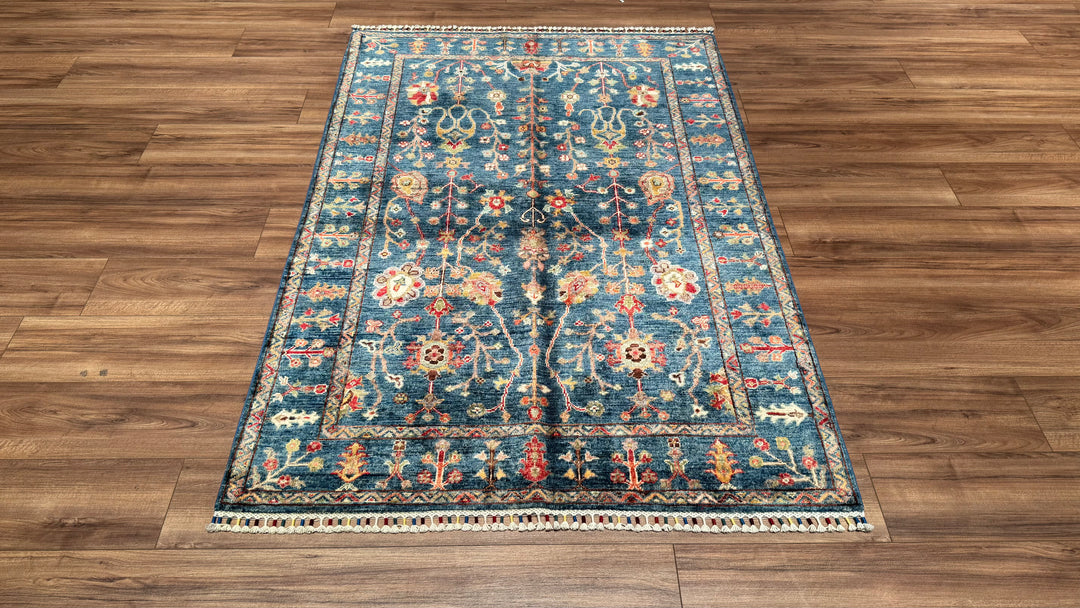 SULTANİ ÇİÇEKLİ ORJİNAL EL DOKUMASI MAVİ KÖK BOYA YÜN HALI 127X182 2.31 METREKARE - 4X6 FT