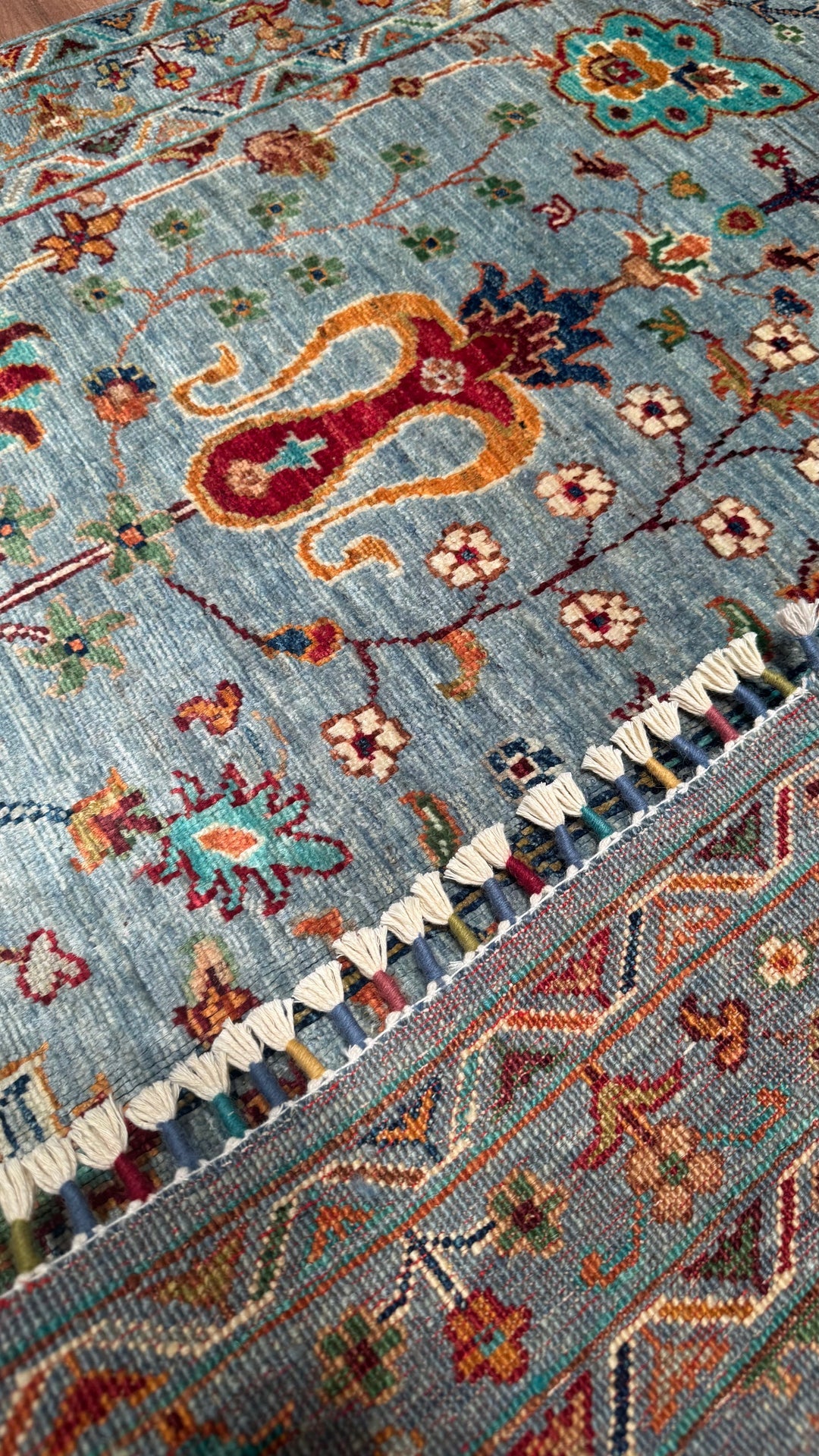 SULTANİ ÇİÇEKLİ ORJİNAL EL DOKUMASI TURKUAZ KÖK BOYA YÜN HALI 120X180 2.16 METREKARE - 4X6 FT