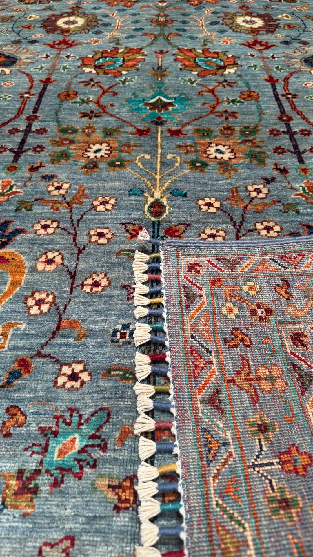 SULTANİ ÇİÇEKLİ ORJİNAL EL DOKUMASI TURKUAZ KÖK BOYA YÜN HALI 120X180 2.16 METREKARE - 4X6 FT