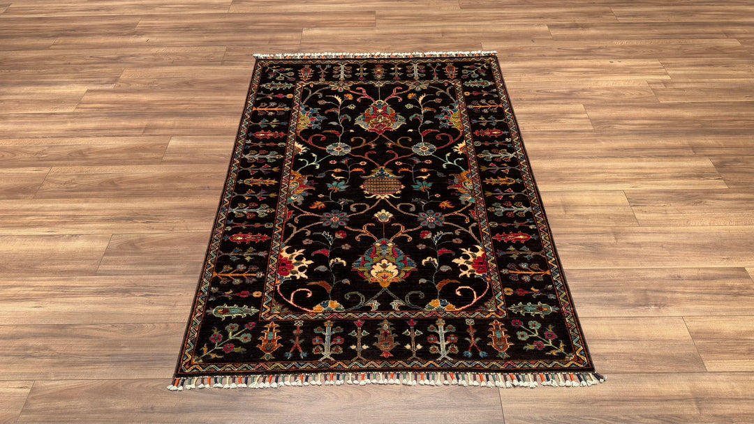 SULTANİ ÇİÇEKLİ ORJİNAL EL DOKUMASI SİYAH KÖK BOYA YÜN HALI 126X177 2.23 METREKARE - 3X5 FT