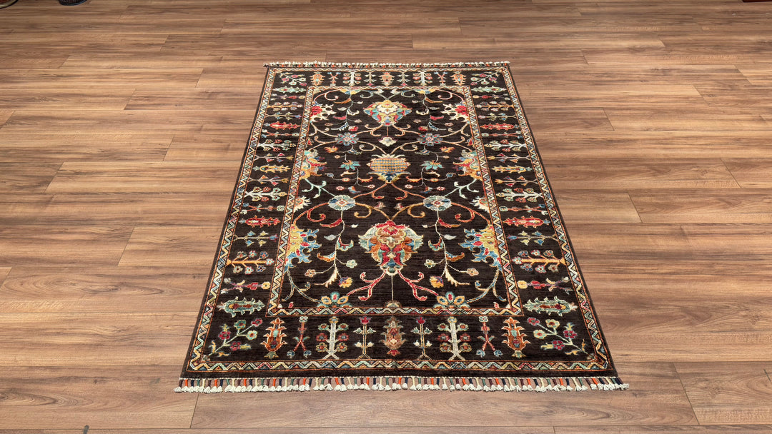 SULTANİ ÇİÇEKLİ ORJİNAL EL DOKUMASI SİYAH KÖK BOYA YÜN HALI 126X177 2.23 METREKARE - 3X5 FT