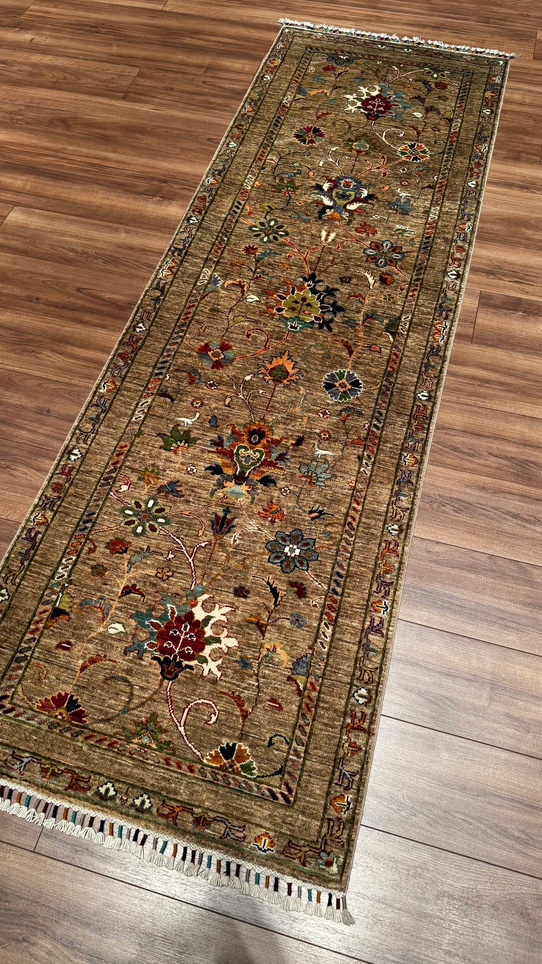 SULTANİ ÇİÇEKLİ YOLLUK ORJİNAL EL DOKUMASI BEJ KÖK BOYA YÜN HALI 0.83X259 2.15 METREKARE - 2X8 FT