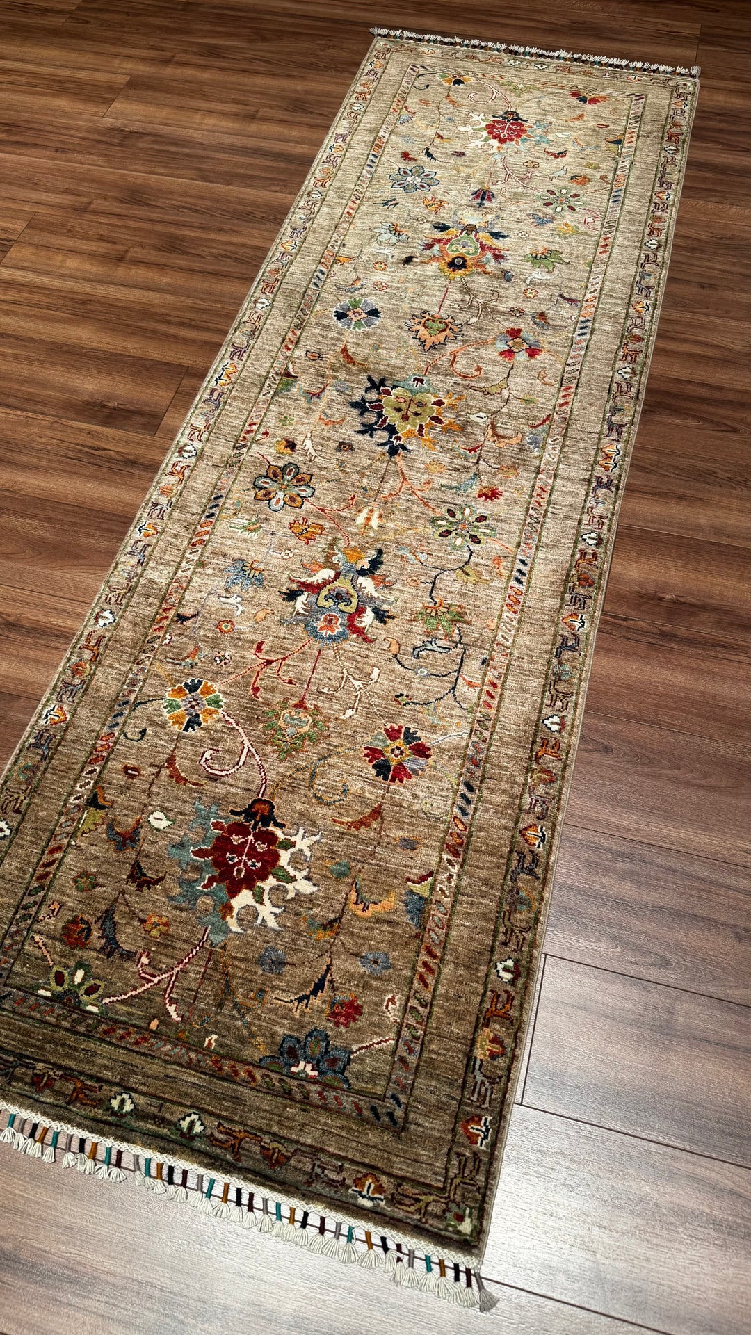 SULTANİ ÇİÇEKLİ YOLLUK ORJİNAL EL DOKUMASI BEJ KÖK BOYA YÜN HALI 0.83X259 2.15 METREKARE - 2X8 FT