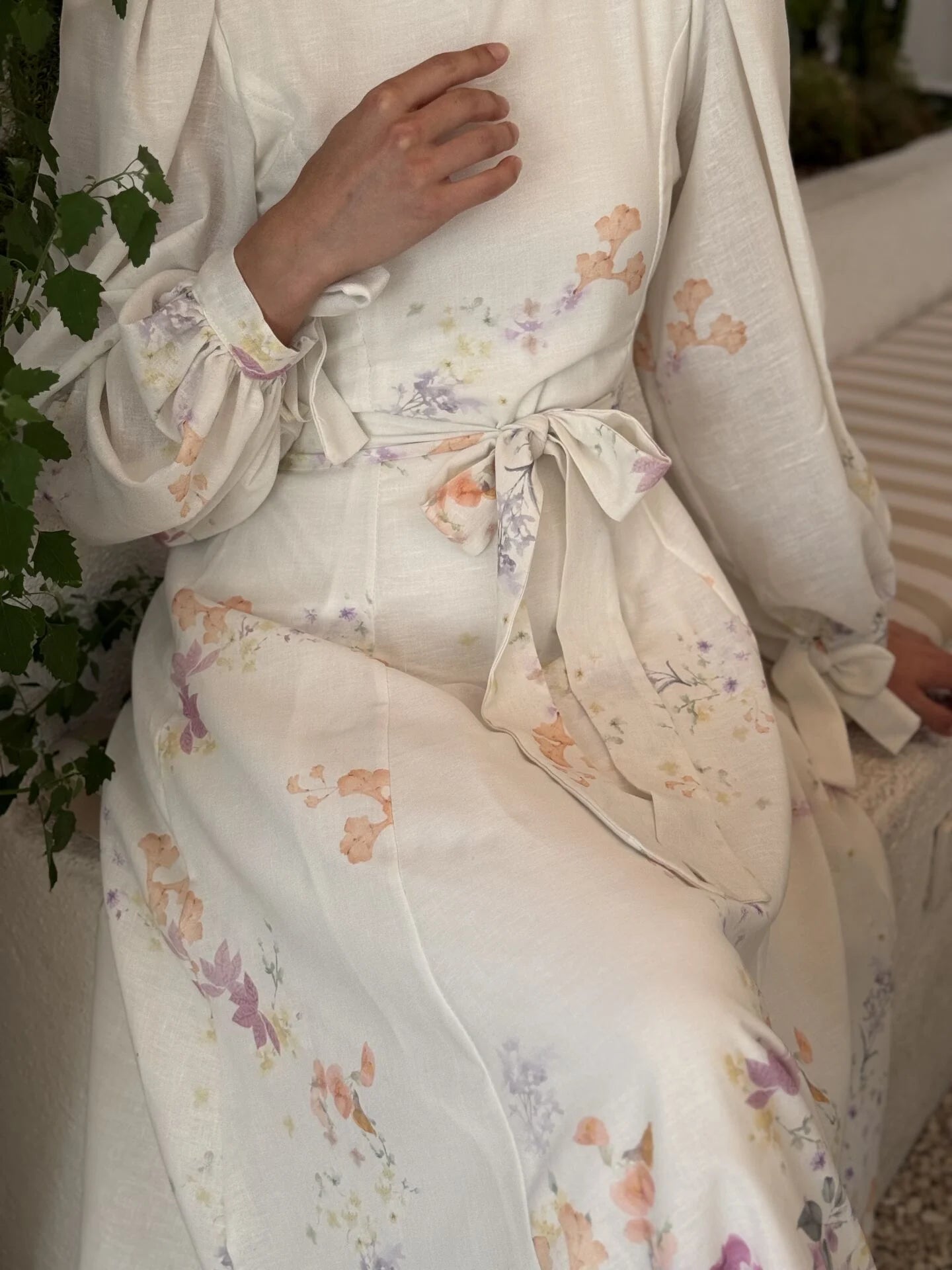 Pink Linen Dress with Puff Sleeves