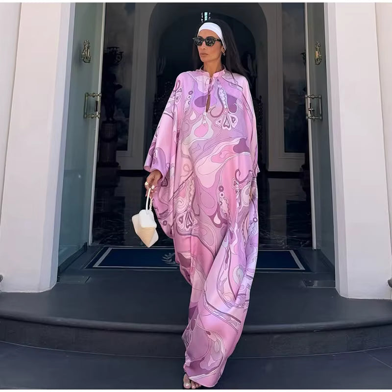 Casual Vacation Long Puff Sleeve V-neck Beach Dresses - Pink