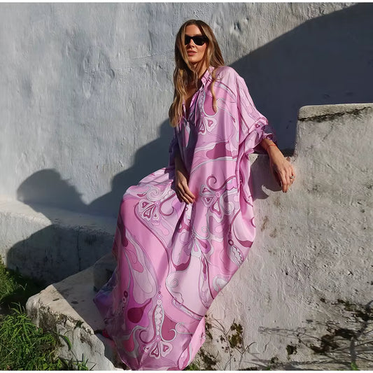 Casual Vacation Long Puff Sleeve V-neck Beach Dresses - Pink