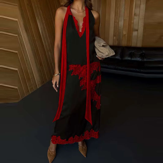 Elegant Lace Spliced Contrast Long Skirt Set