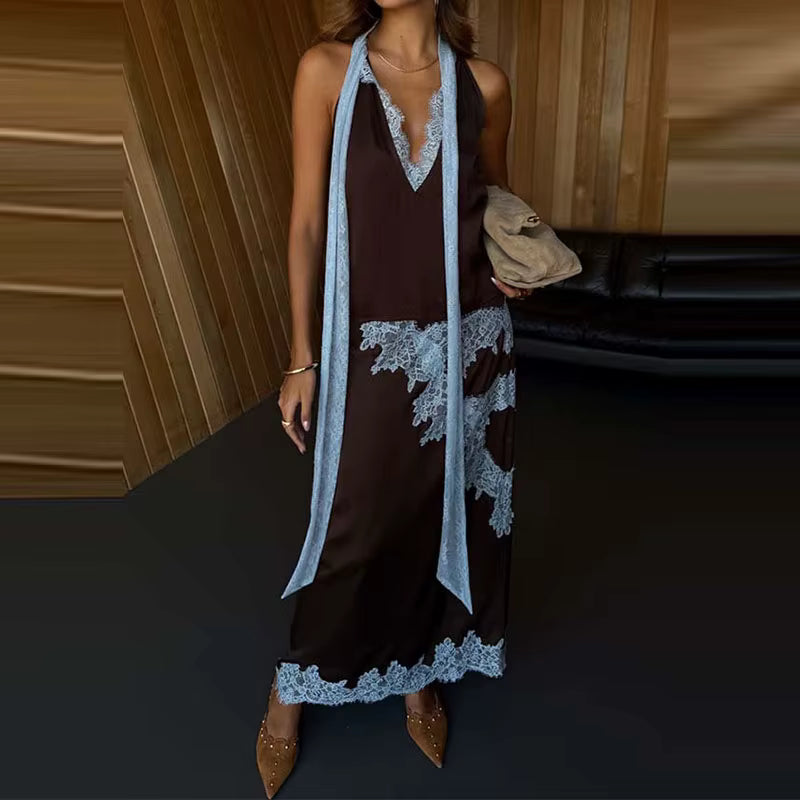 Elegant Lace Spliced Contrast Long Skirt Set