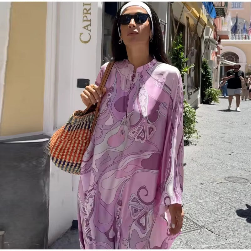 Casual Vacation Long Puff Sleeve V-neck Beach Dresses - Pink