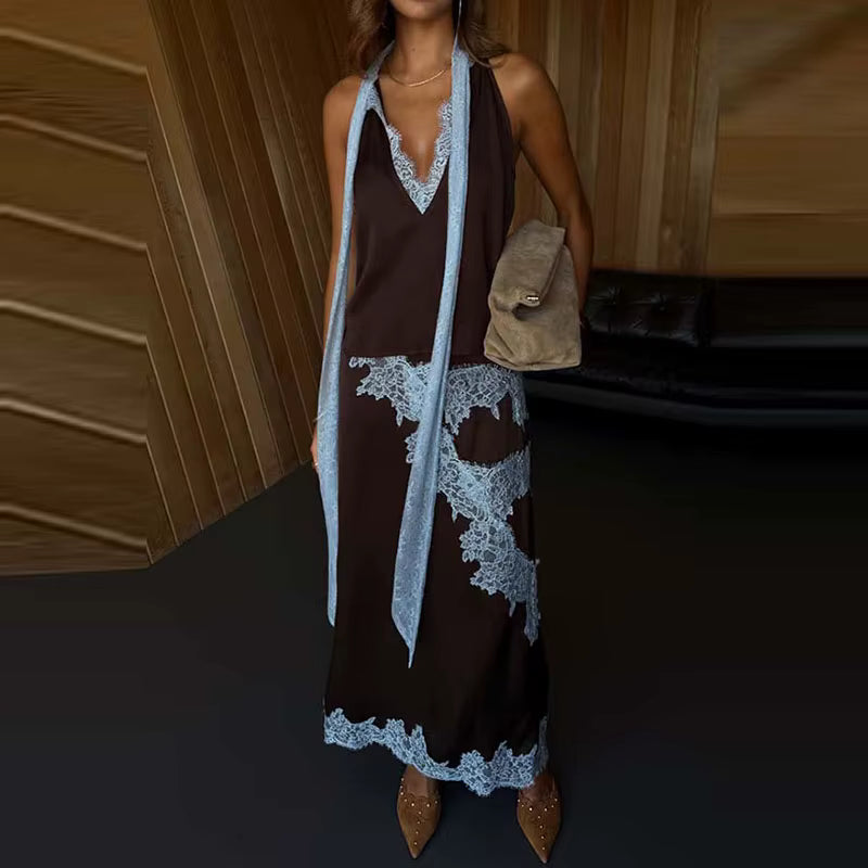 Elegant Lace Spliced Contrast Long Skirt Set