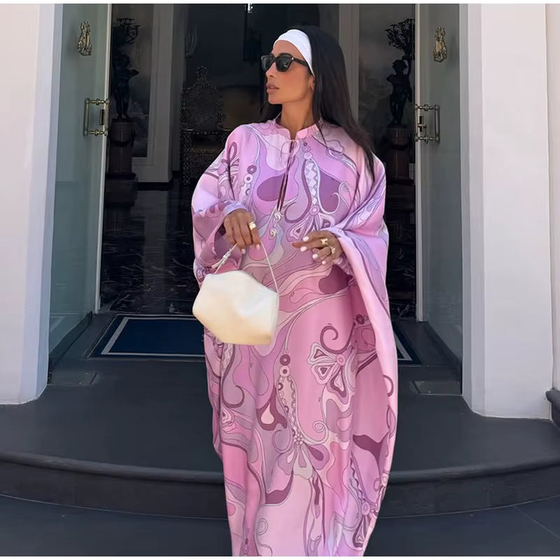 Casual Vacation Long Puff Sleeve V-neck Beach Dresses - Pink