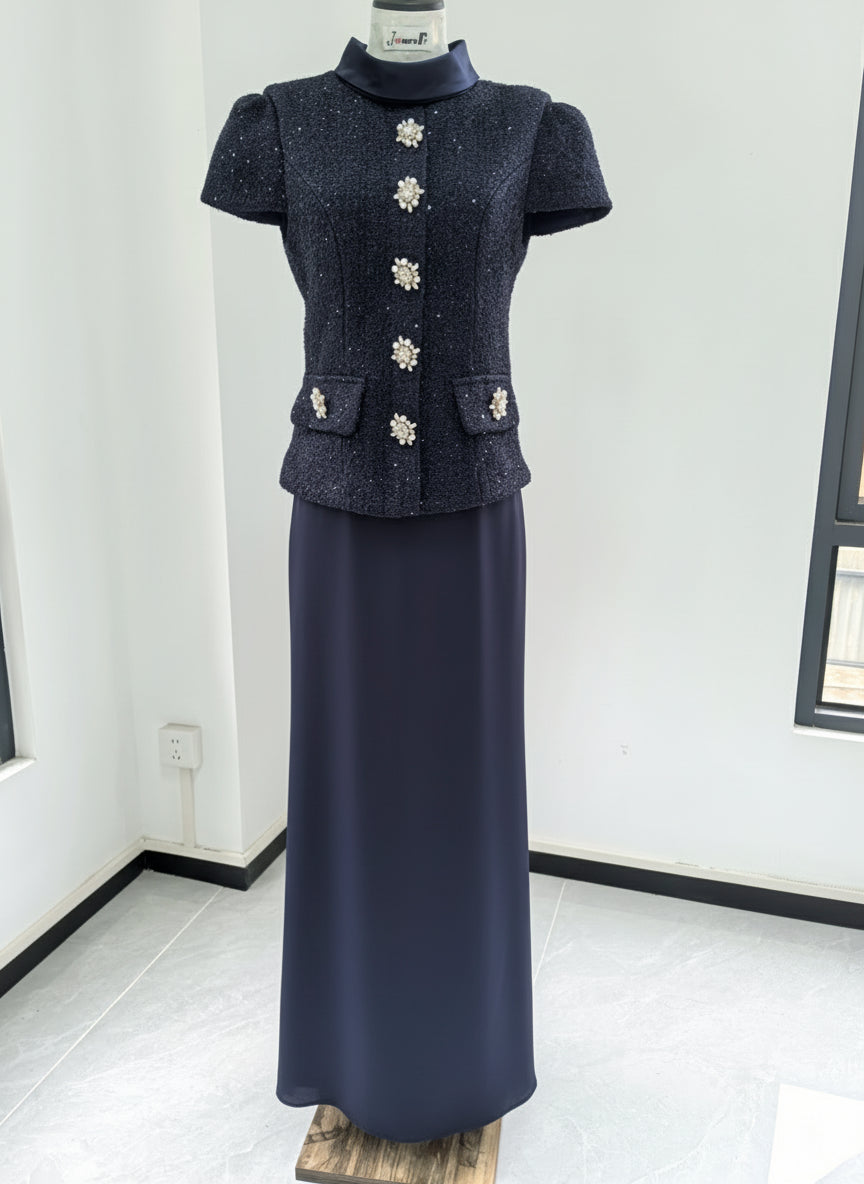 Navy Tweed Blouse with Button Details & Satin Skirt Set