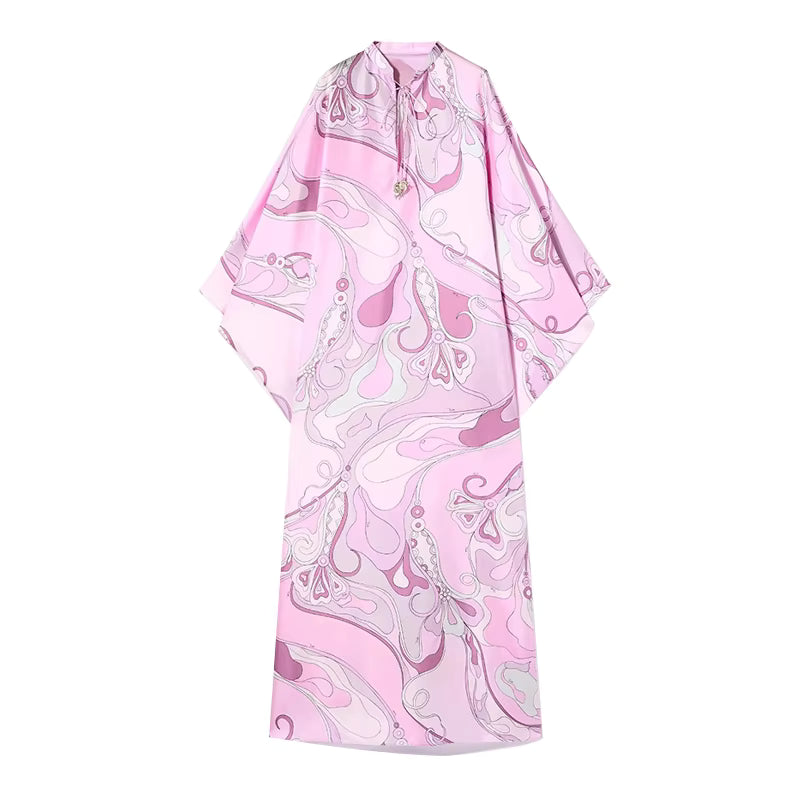 Casual Vacation Long Puff Sleeve V-neck Beach Dresses - Pink