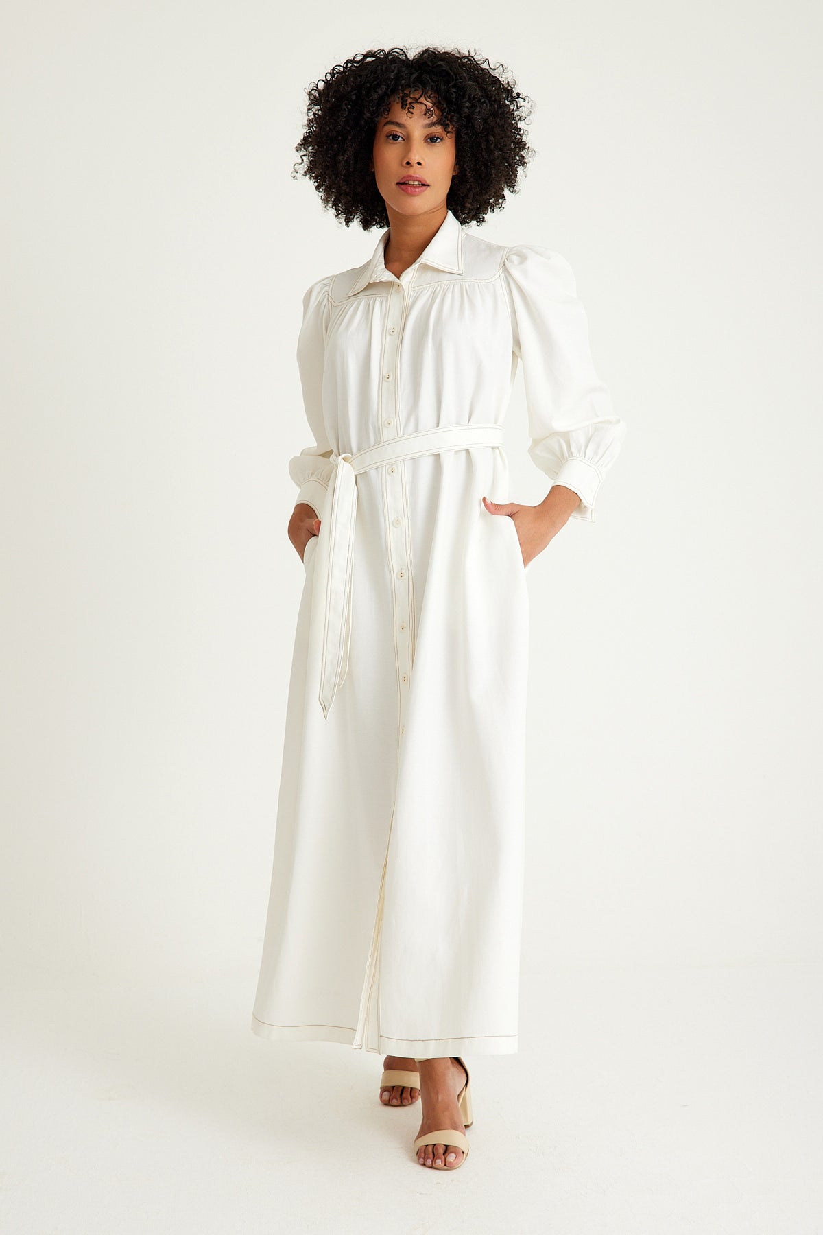 White Natural Fabric Belted Maxi Dress