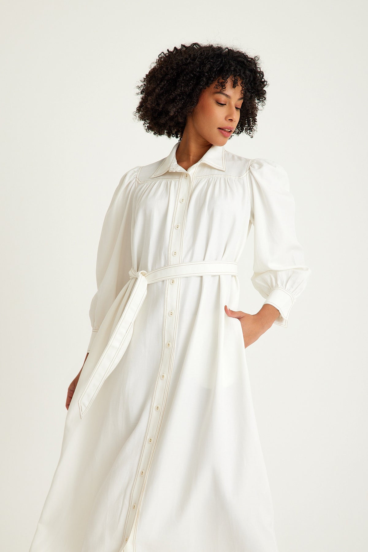 White Natural Fabric Belted Maxi Dress