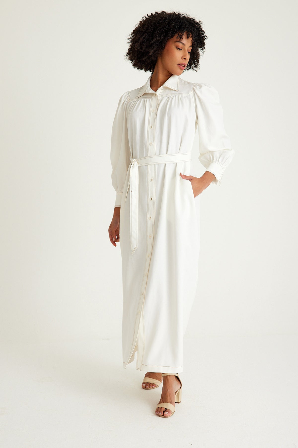 White Natural Fabric Belted Maxi Dress