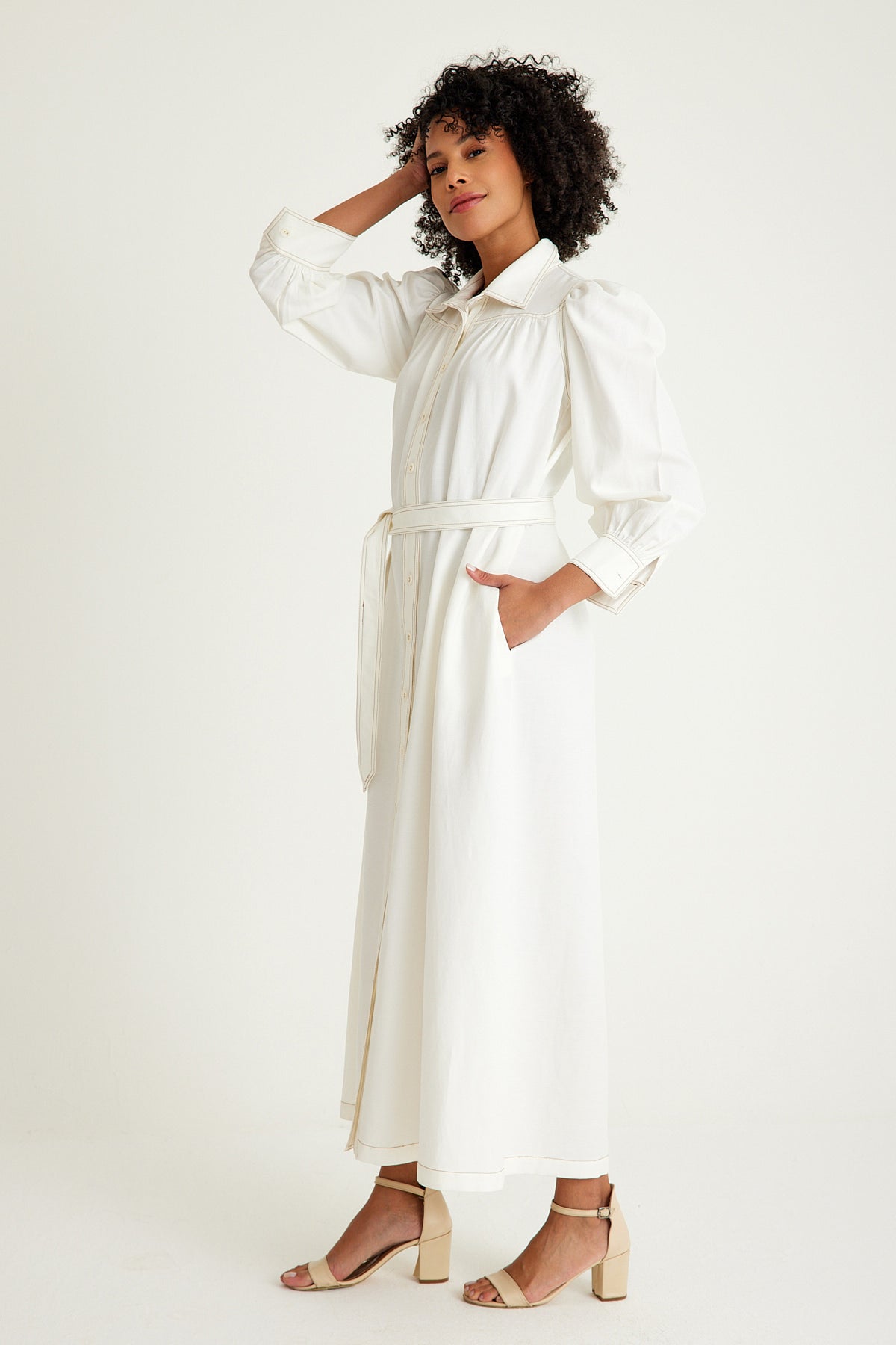 White Natural Fabric Belted Maxi Dress