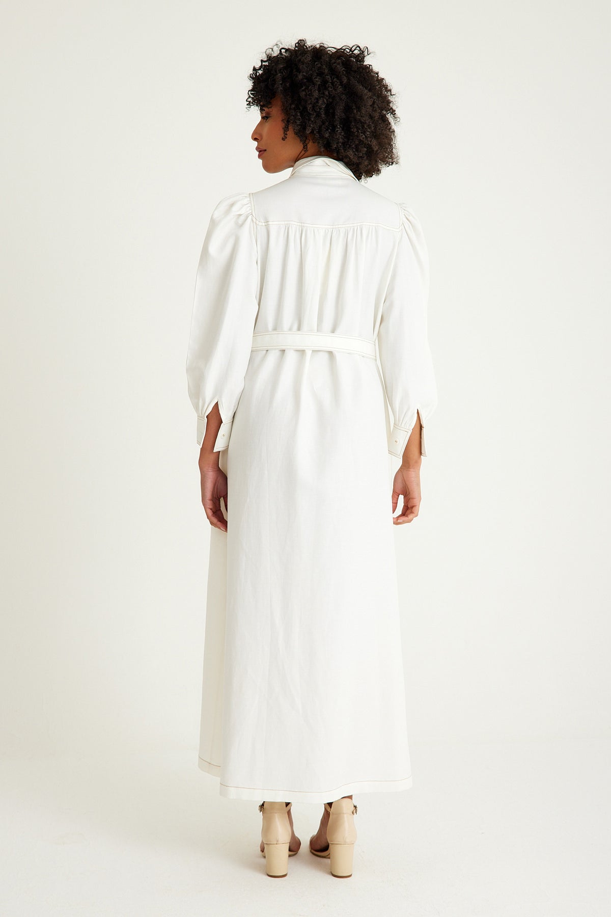 White Natural Fabric Belted Maxi Dress