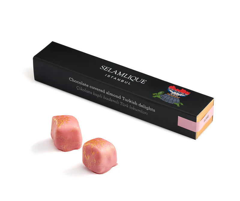 Chocolate-Coated Turkish Delight with Rose and Almonds, Garnished with Edible Gold Flakes– 2.1 oz