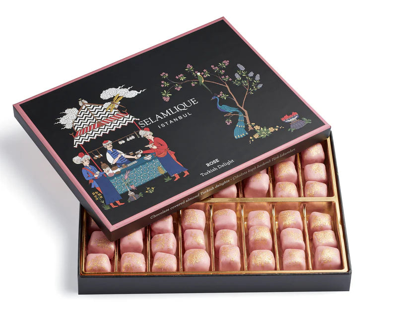 Chocolate-Coated Turkish Delight with Rose and Almonds, Garnished with Edible Gold Flakes– 17.6 oz