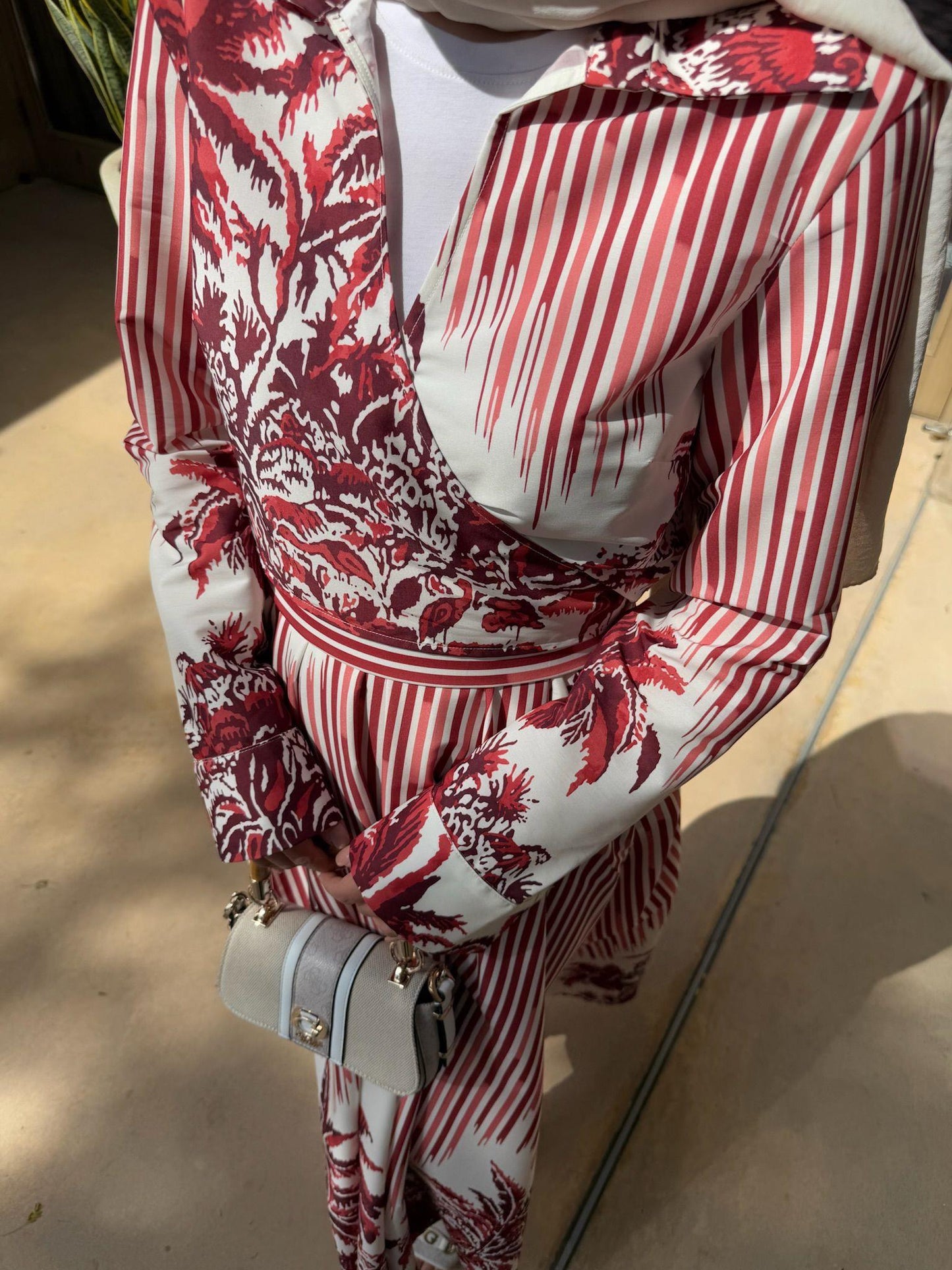 Burgundy Tropical Print Poplin Kimono & Elastic Waist Skirt Set