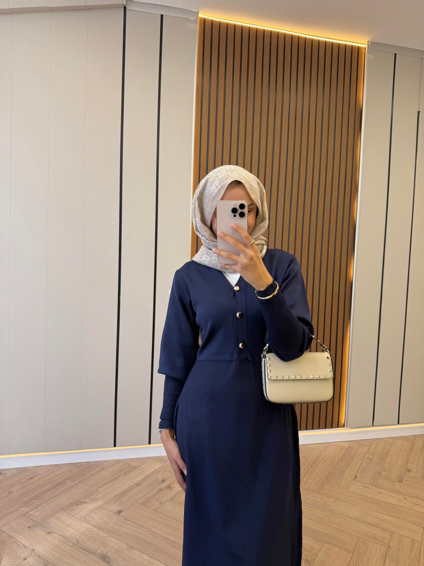 Gold-Button Knit Dress – Navy Blue
