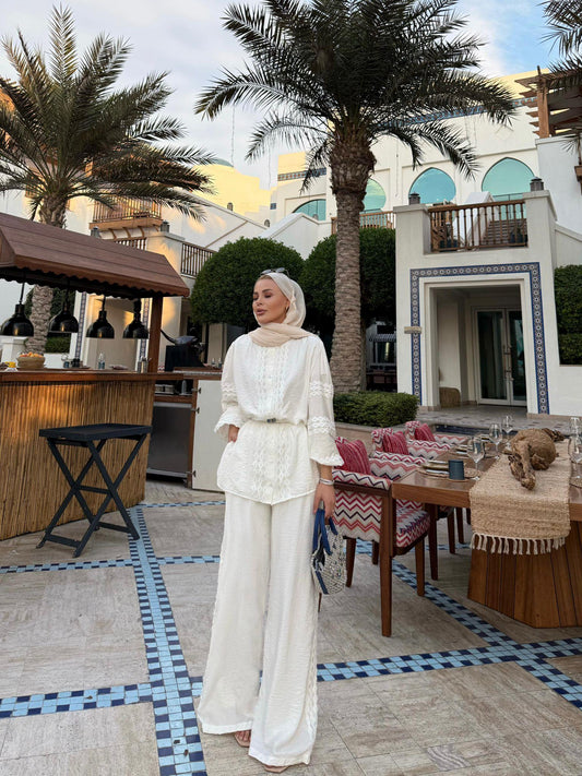 Lace-Trimmed Elegant Shirt and Wide-Leg Pants Set in Ecru