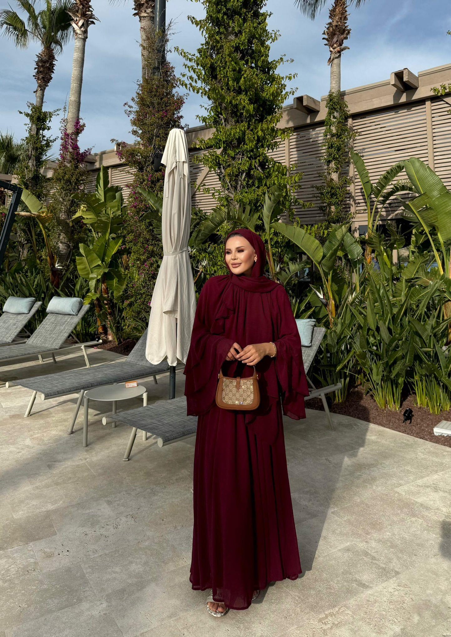 Farah Burgundy Chiffon Dress with Ruffle Details