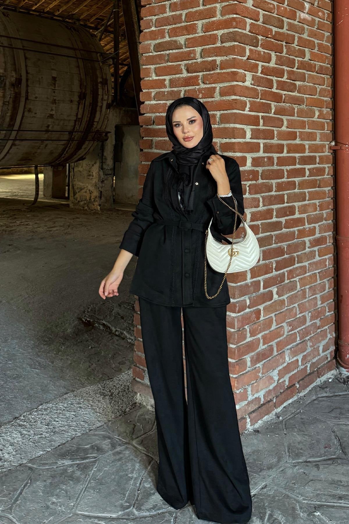 Black Suede Pants Set with Lace Details and Belt