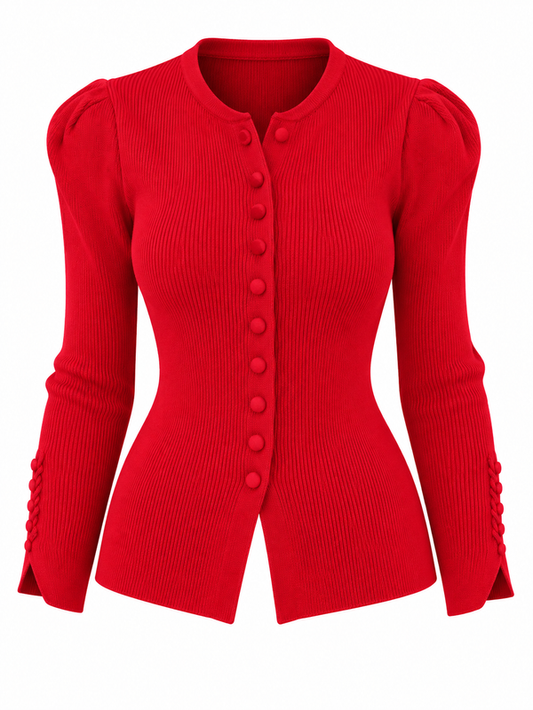 Mercerized Puff-Sleeve Cardigan - Red