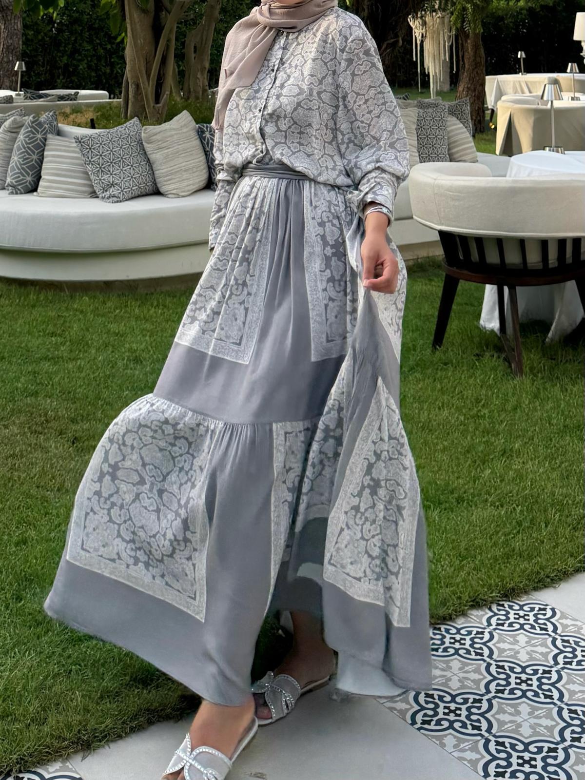 Lightweight Ethnic Shirt and Skirt Co-Ord in Gray