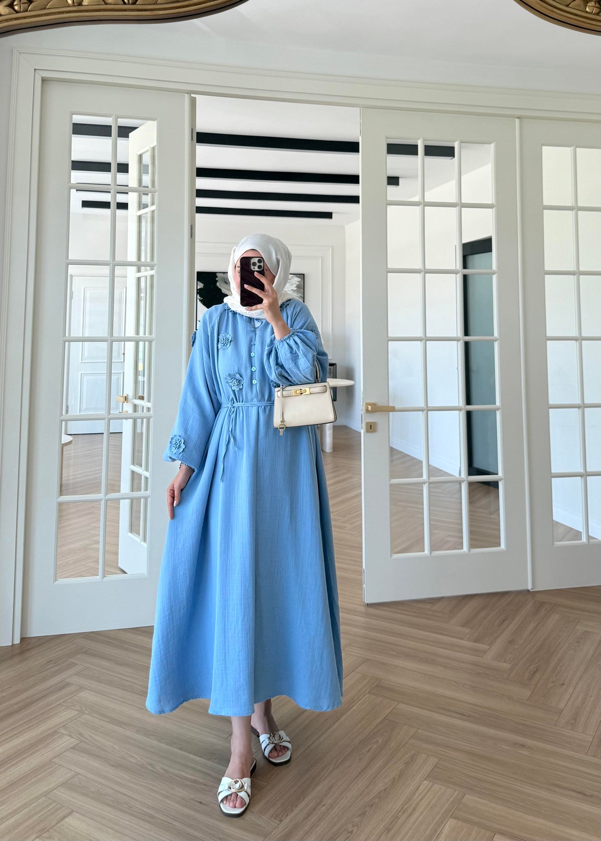 Aliza Floral Embroidered Muslin Dress Blue