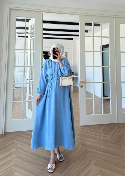 Aliza Floral Embroidered Muslin Dress Blue