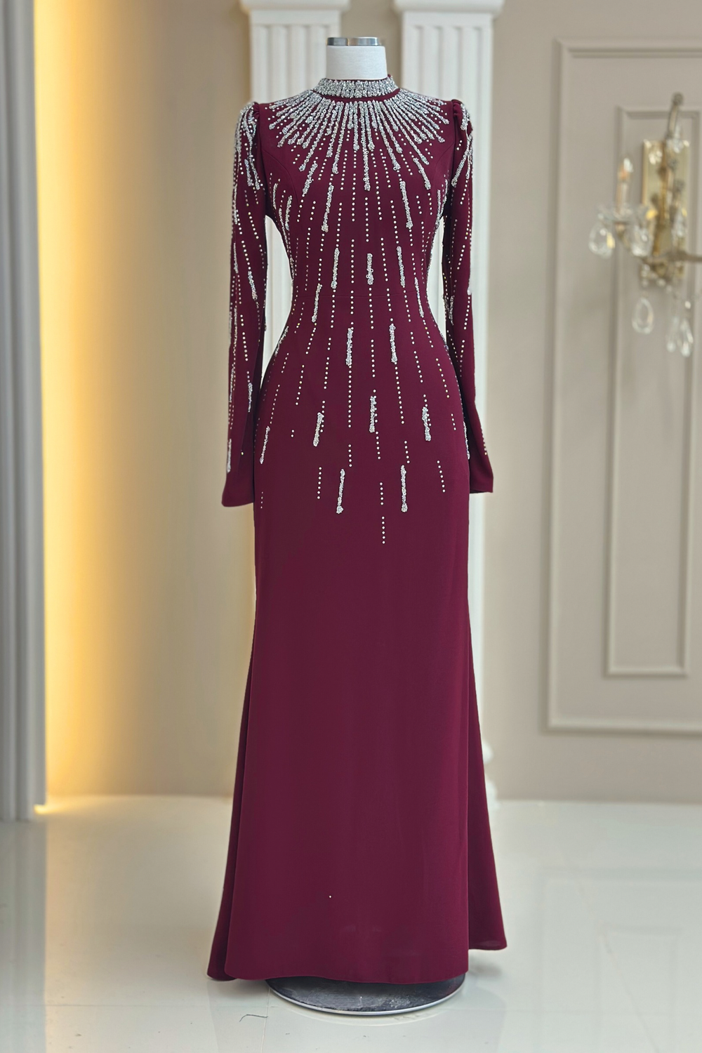 Ayla Modest Evening Dress - Burgundy