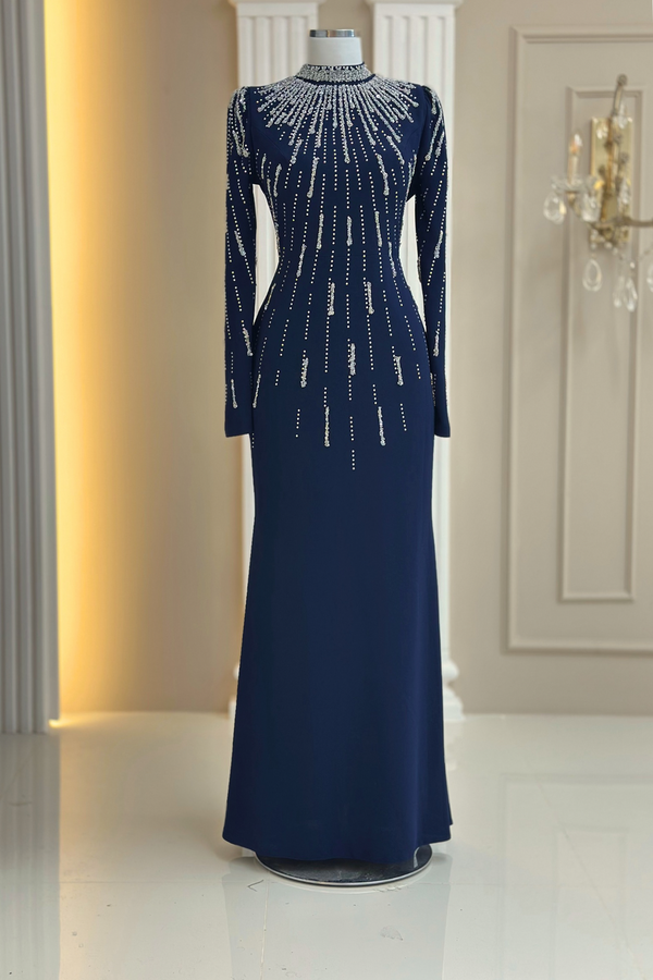 Ayla Modest Evening Dress - Navy